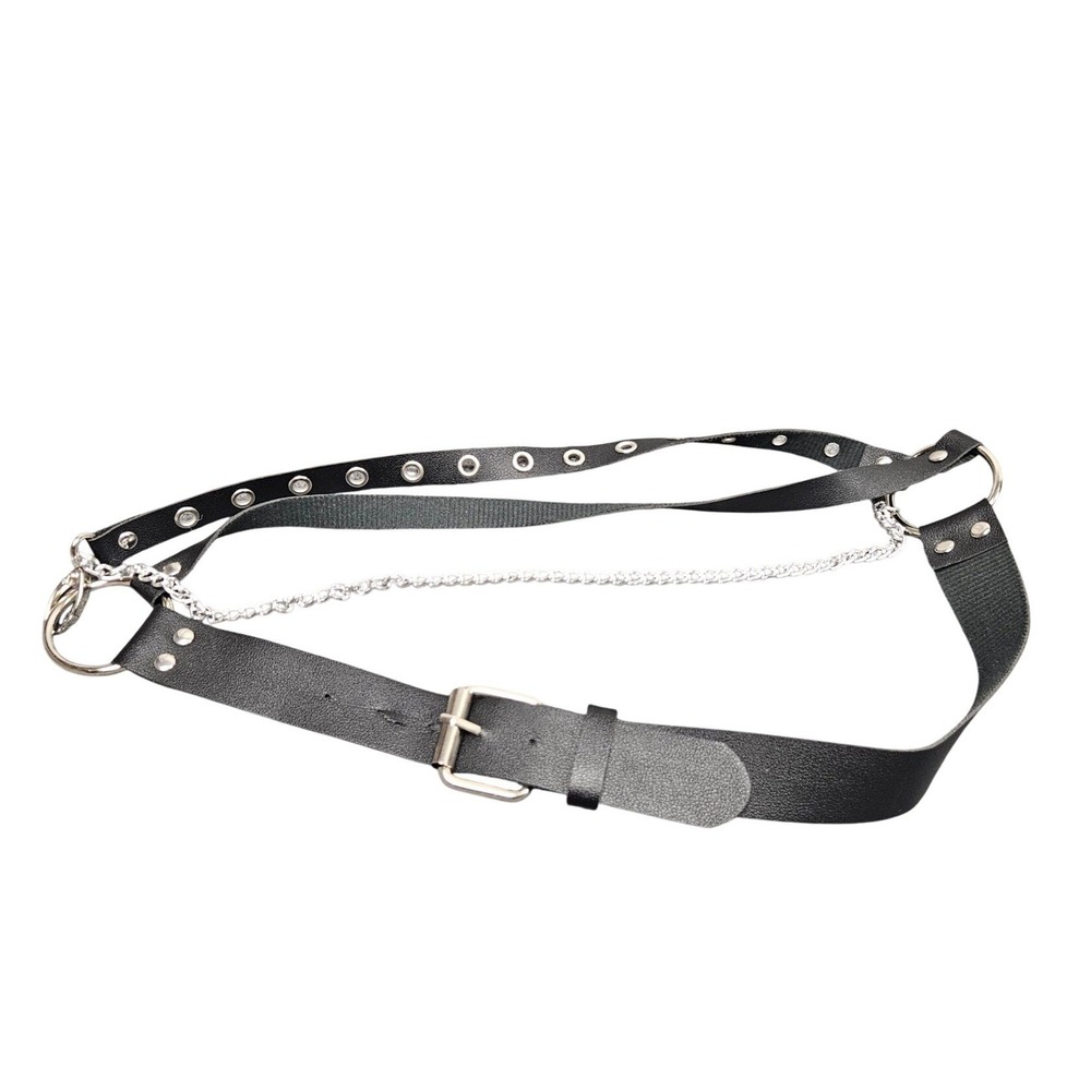 Black Chain O Ring Belt 34‎ (32-36) Faux Leather Grommet Strap Y2K Goth Punk Emo